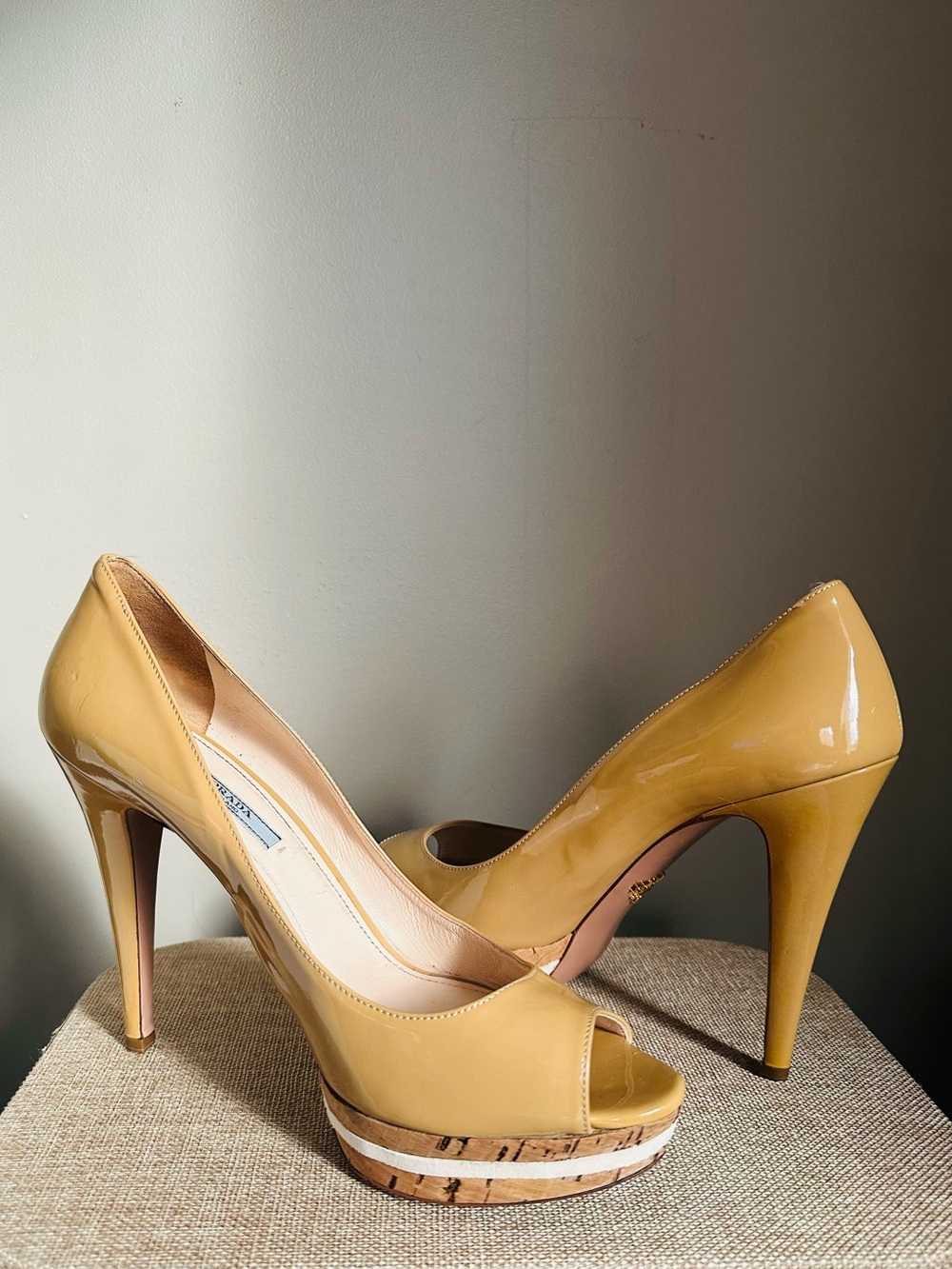 Prada Nude Patent Leather Peep-Toe Platform Pumps - 41/11